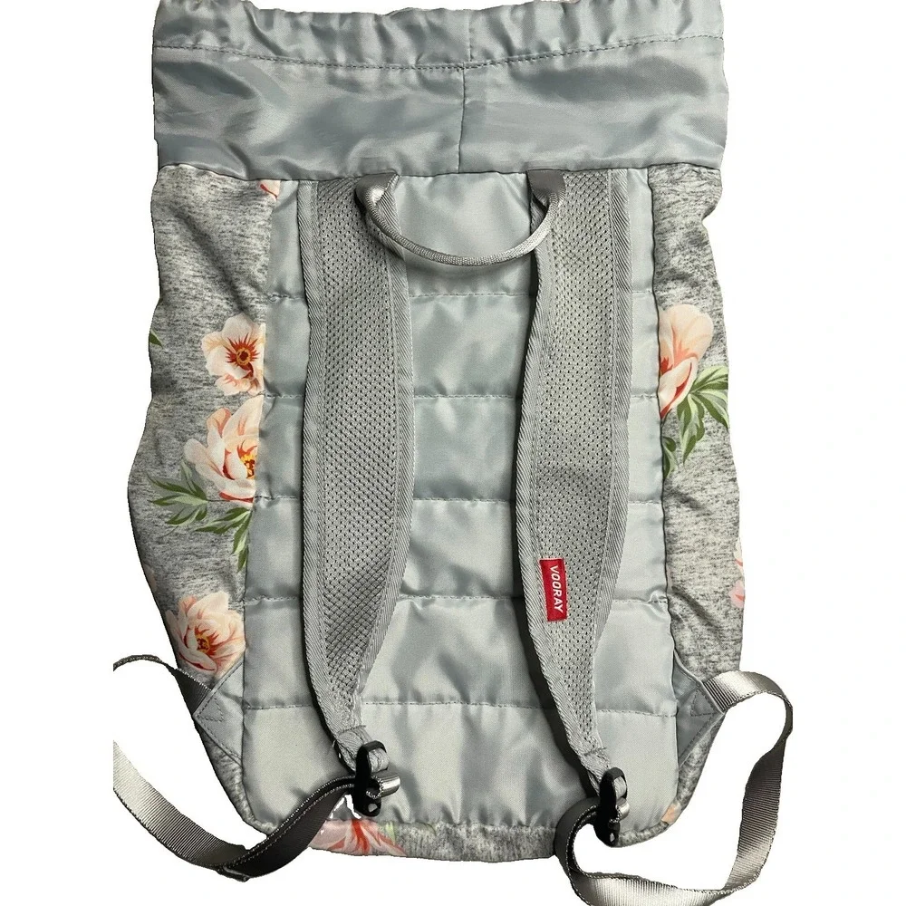 Vooray Floral Drawstring Backpack Gray/Pink Padded Adjustable Straps Zipper Gym